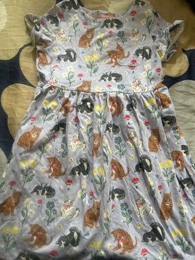 Mini Boden Light Gray Cat & Floral Print Dress